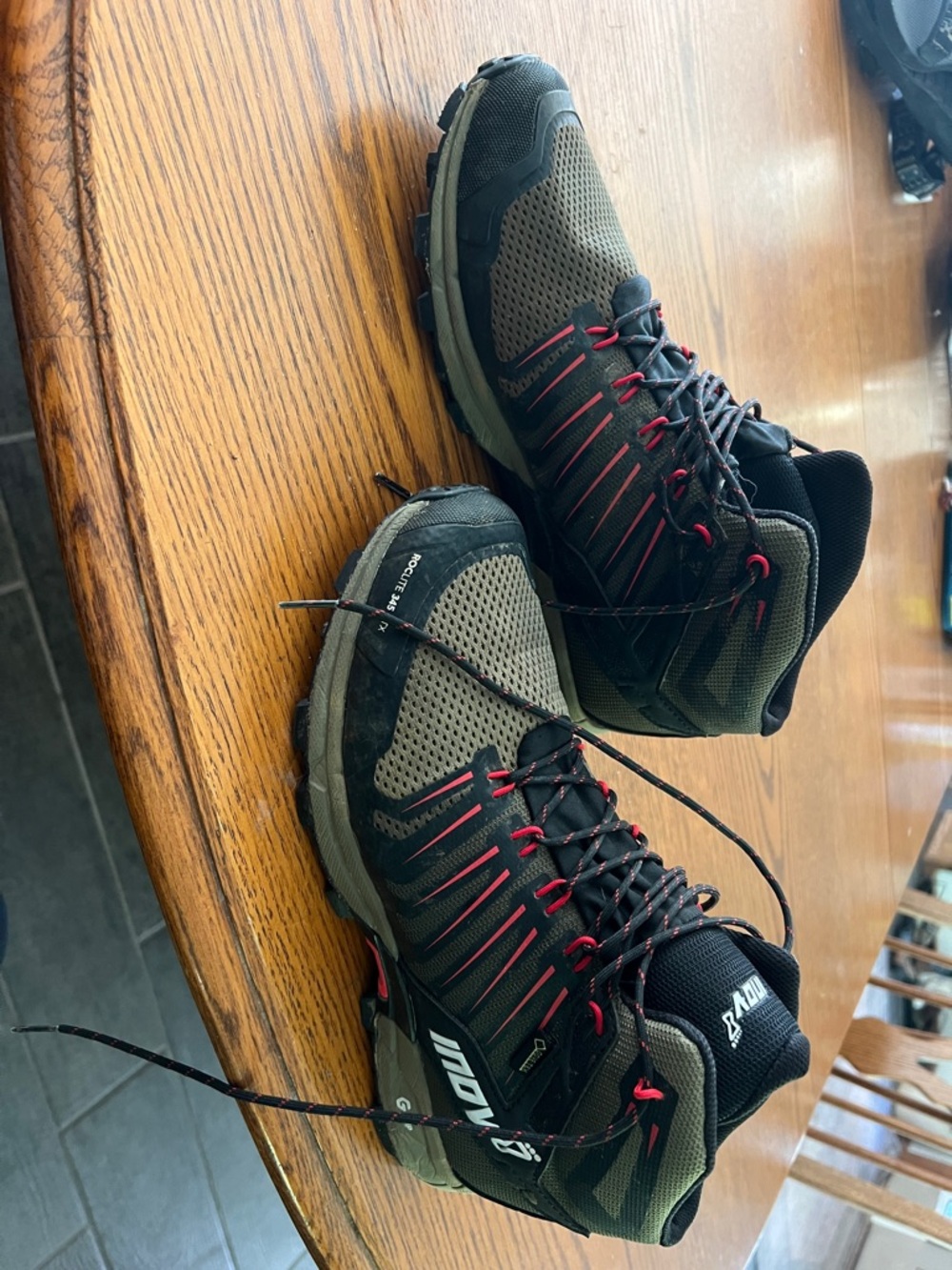 Inov-8 Olive Green and Black Trail Boots with Red Accents